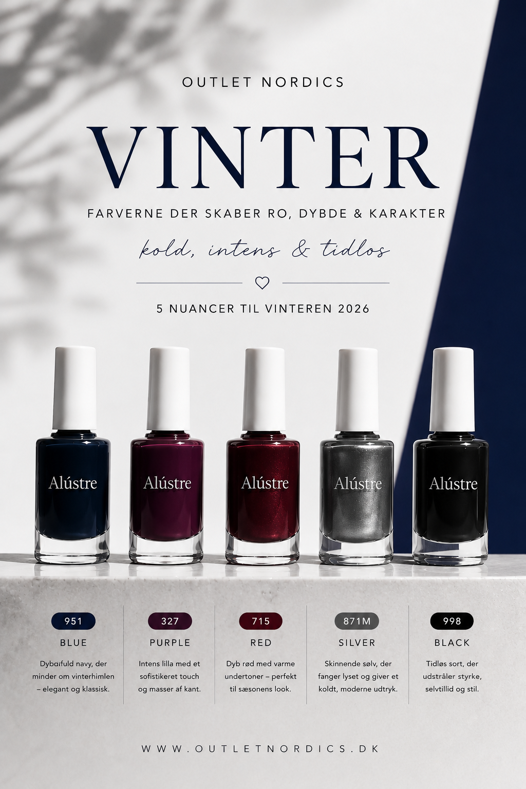 Vinterens 5 neglelakfarver 2026 fra Alústre – Blue, Purple, Red, Silver og Black