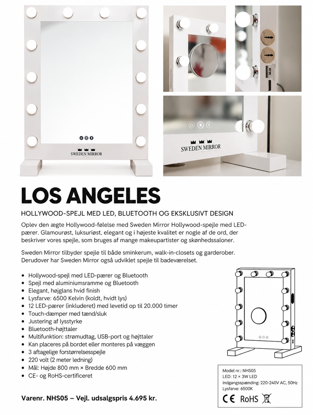 Sweden Mirror Los Angeles – Hollywood Sminkespejl med LED, indbyggede højtalere og Bluetooth, 80 × 60 cm